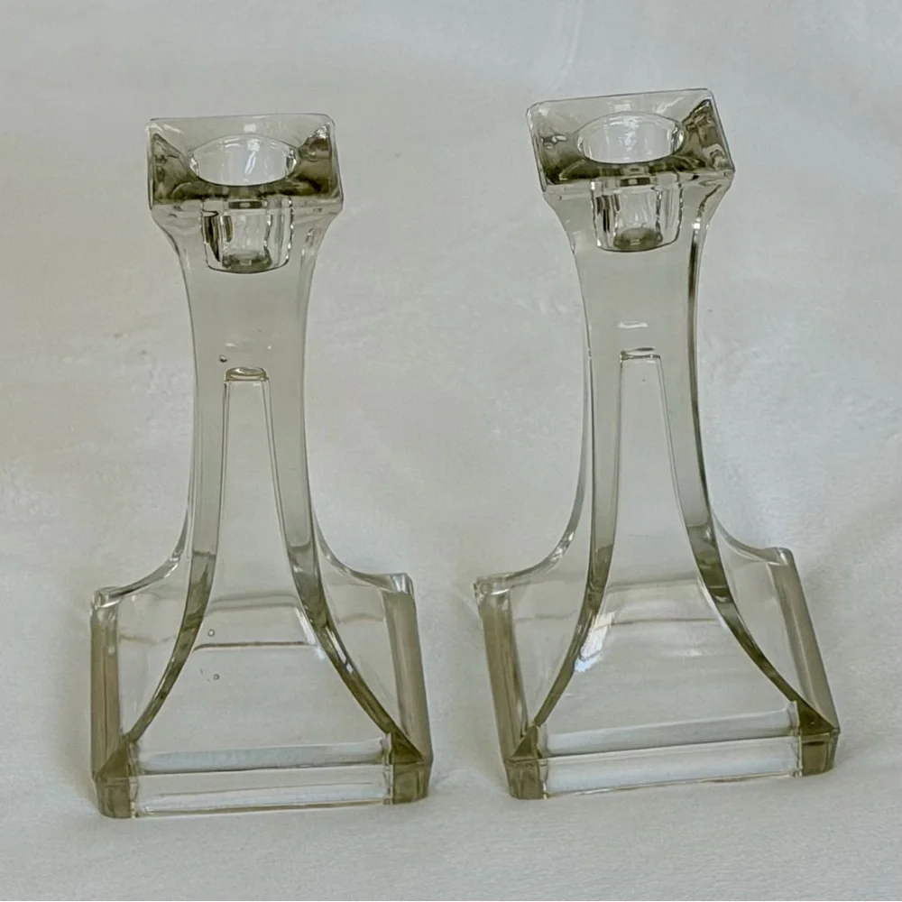 Vintage Clear Glass Candle Holders, Set of 2